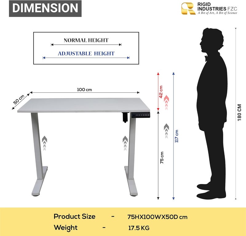 RIGID Electric Height Adjustable Table - Ergonomic Sit Stand Desk, White - Image 3